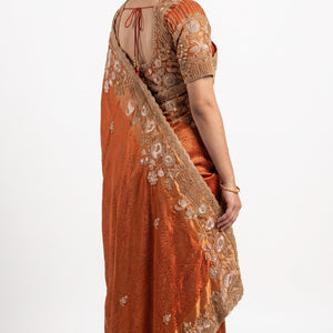 Rust Tissue Saree Embellished With Sequins, Moti & Cut Dana Work