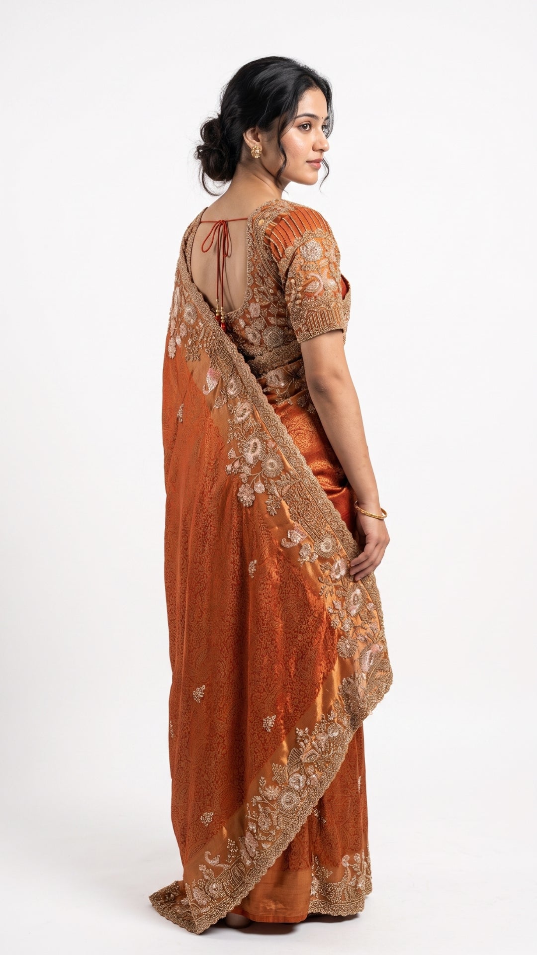 Rust Tissue Saree Embellished With Sequins, Moti & Cut Dana Work