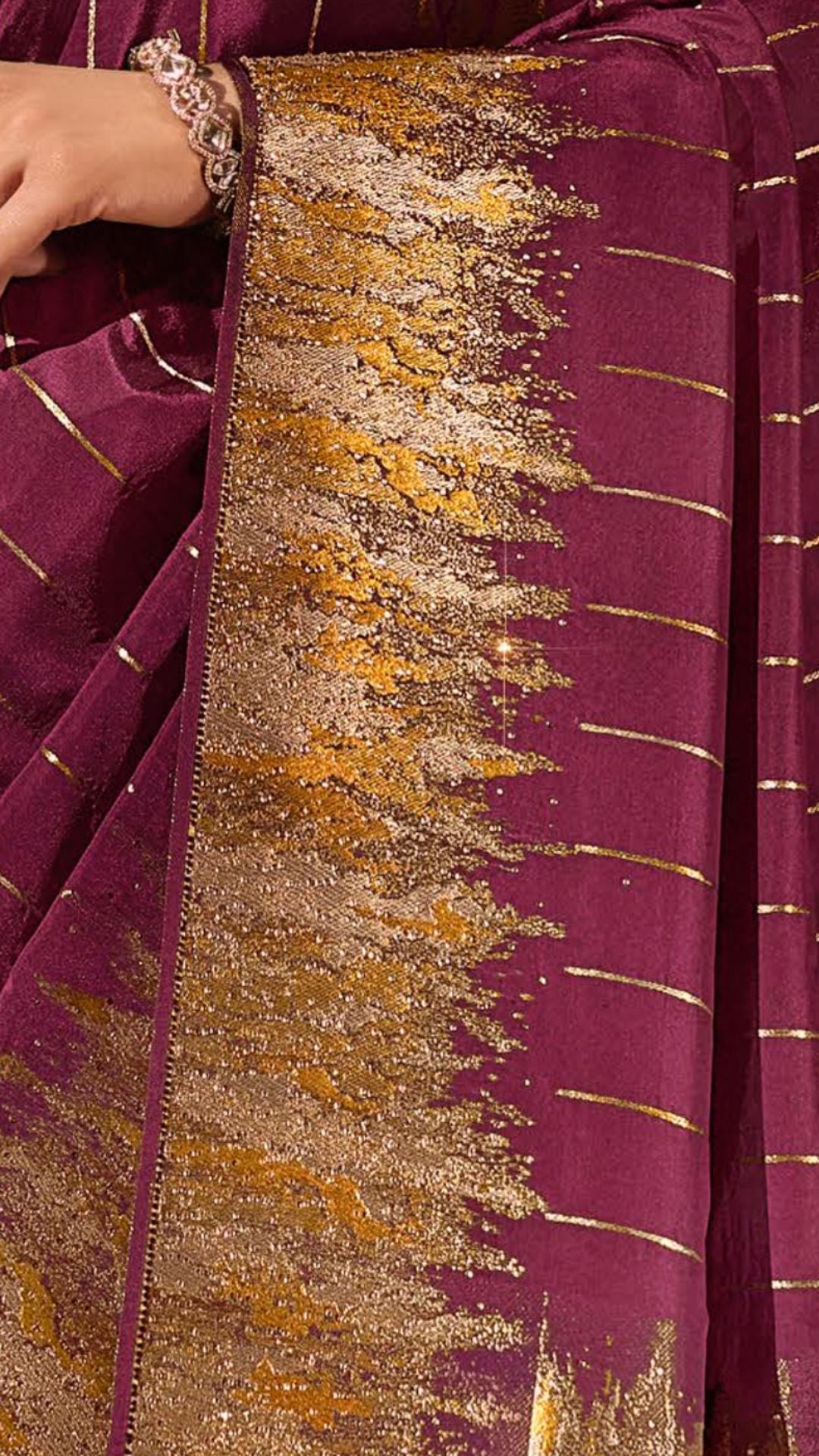 Wine Silk Satin Saree with Swarovski Work