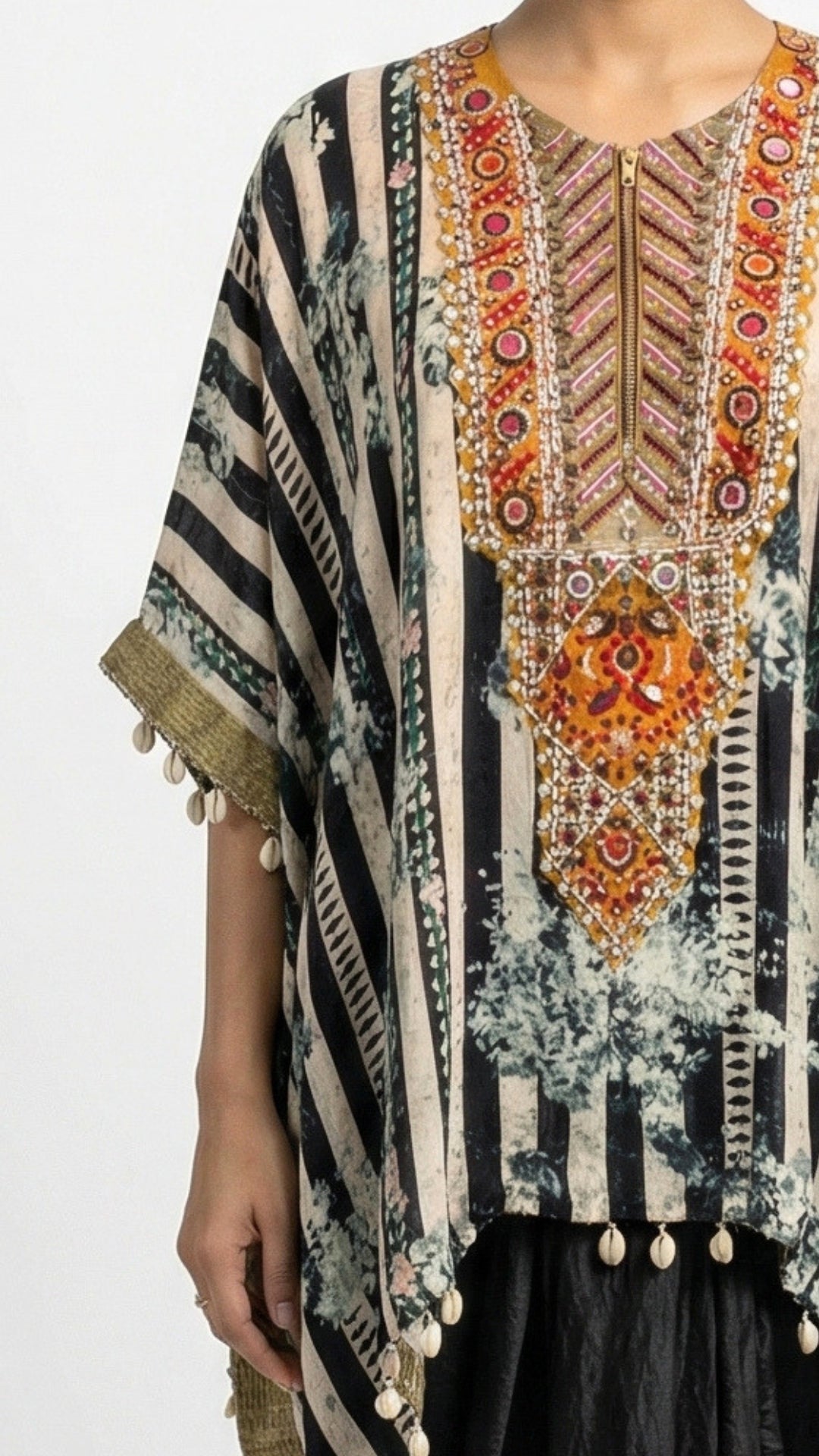 Black Hand Printed Crepe Coord Set with Moti, Sequins & Thread Detailing