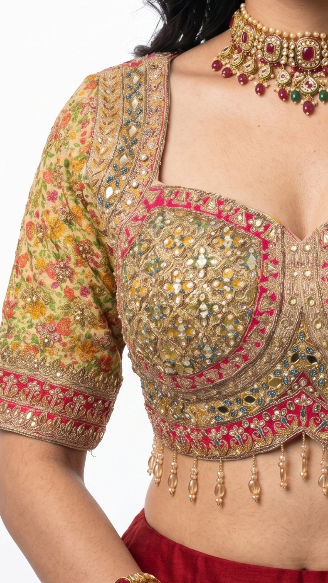 Champagne Gold Tissue Silk Saree with Mirror & Kundan Work