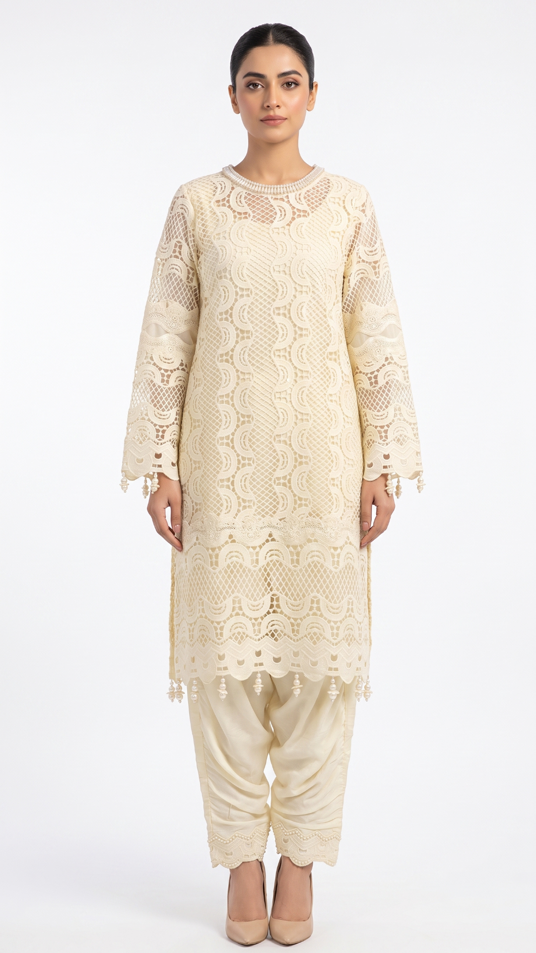 Off White  Muslin Cutwork lace and  Pearl Sequins