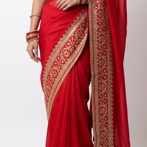 Beautiful Red Raw Silk Saree Trimmed With Leather Patch Work