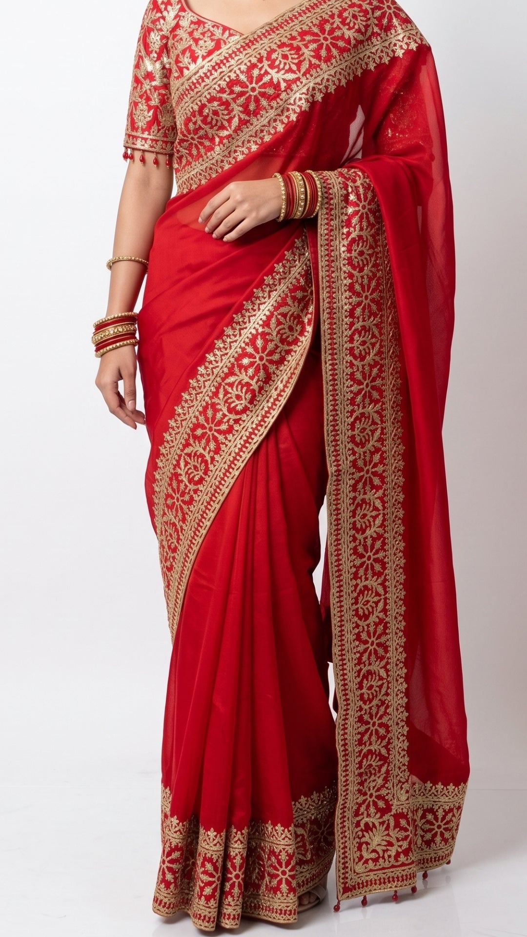 Beautiful Red Raw Silk Saree Trimmed With Leather Patch Work
