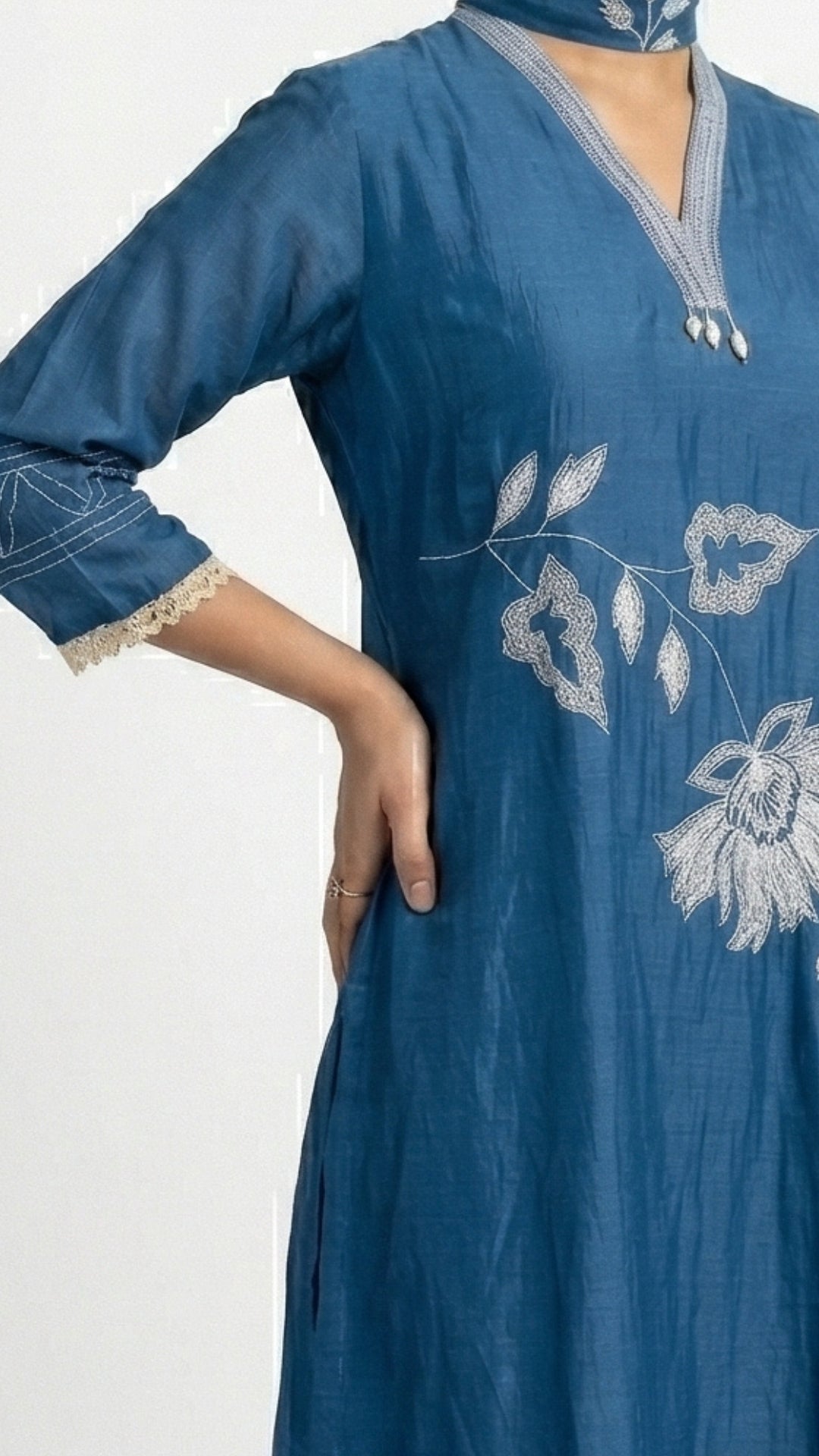 Blue Mul Cotton Suit with Thread Work Detailing