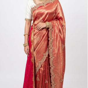 Rani Banarasi Silk Unstitched Saree with Dupatta Embellished with Thread & Stone Work