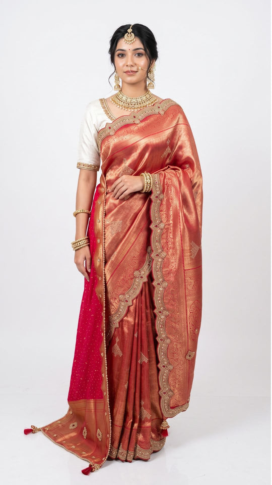 Rani Banarasi Silk Unstitched Saree with Dupatta Embellished with Thread & Stone Work