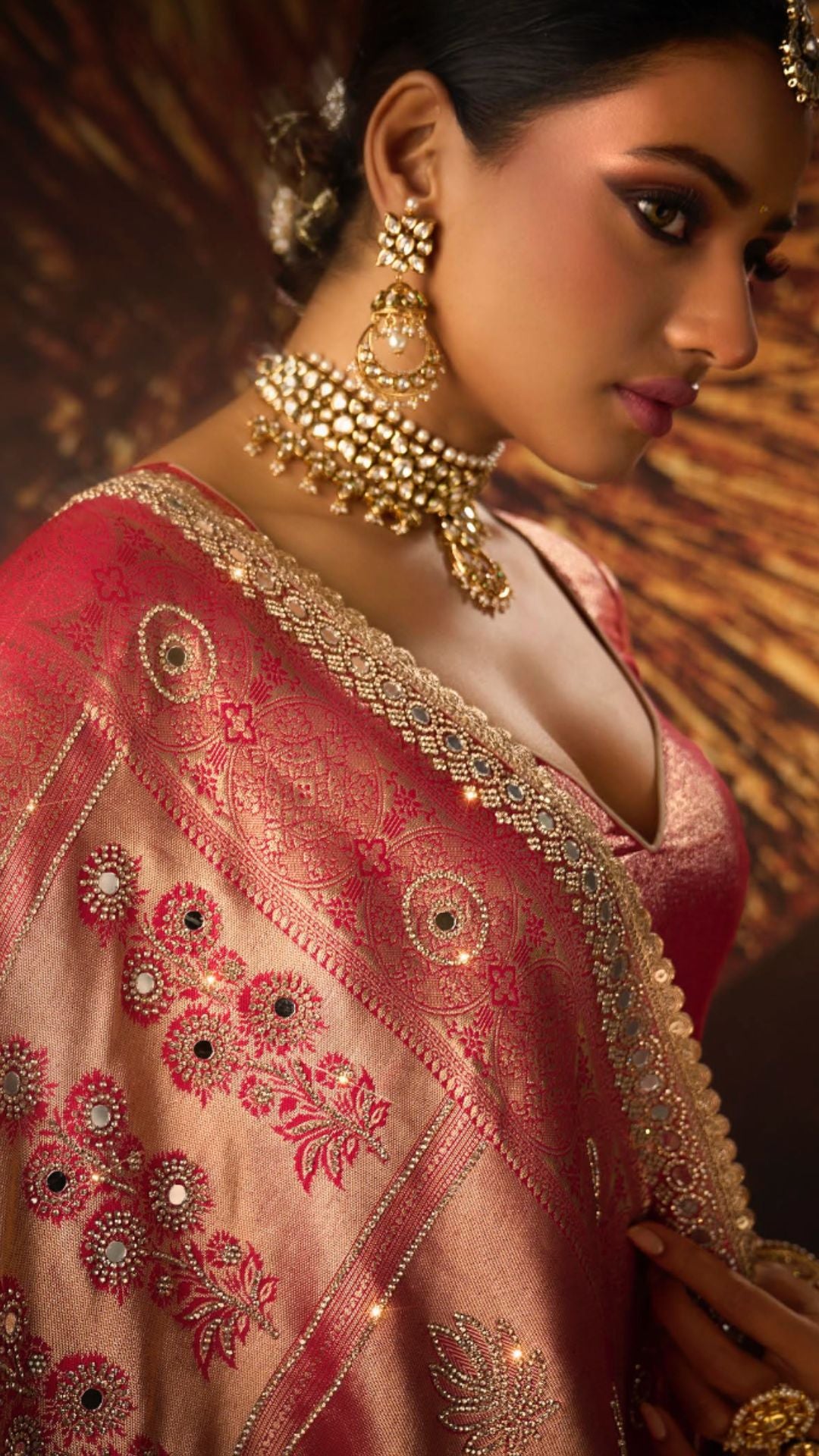 Pink and Beige Kanjivaram Silk Saree with Zarkan and Mirror Work