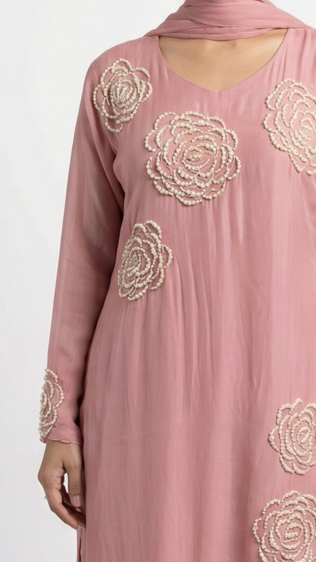Peach Soft Organza Suit with Moti & Cutdana Detailing