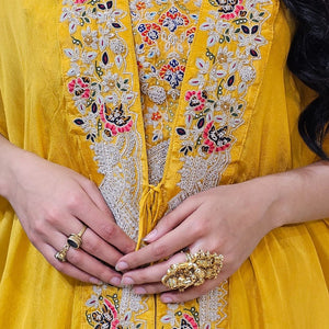 Yellow Chinon Indowestern Top,Jacket and Bottom with Resham Thread and Pearl Work