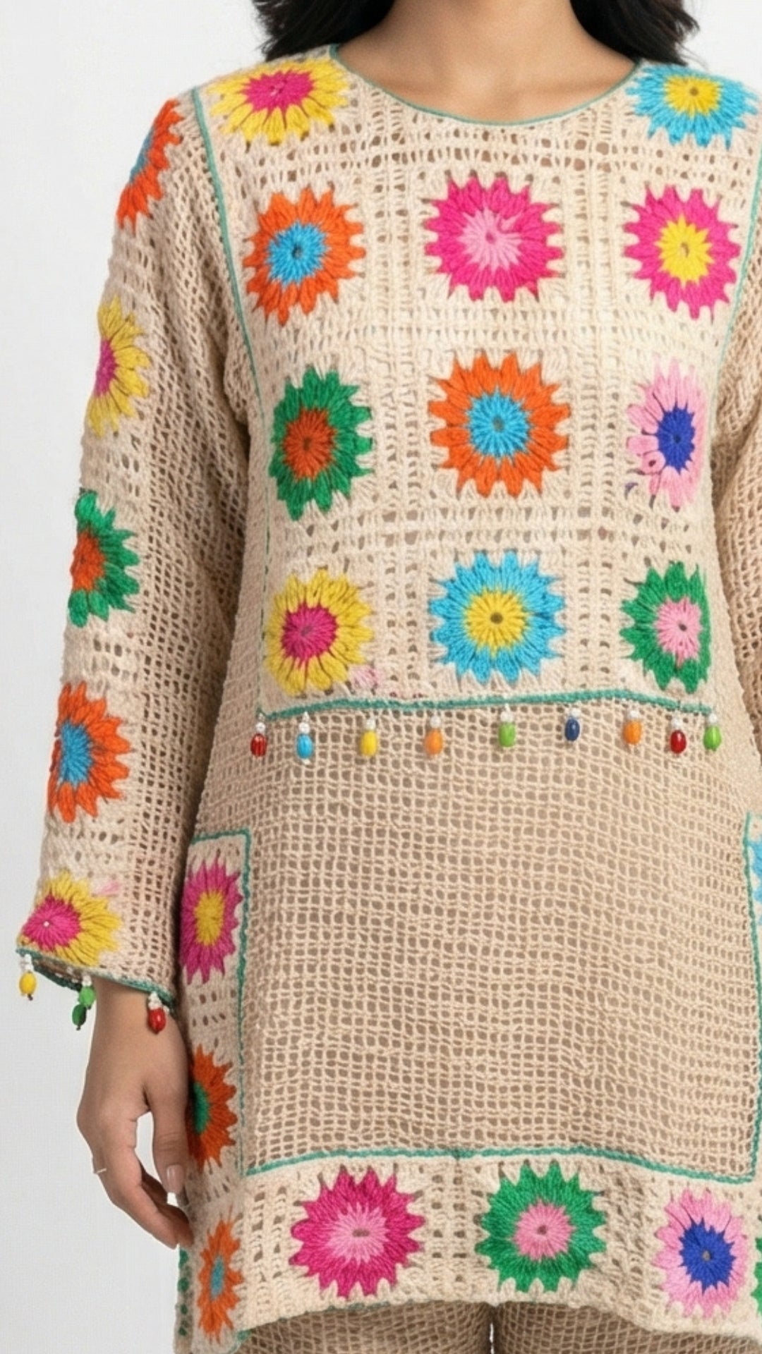 Beige Jute Coord Set with Crosia Detailing