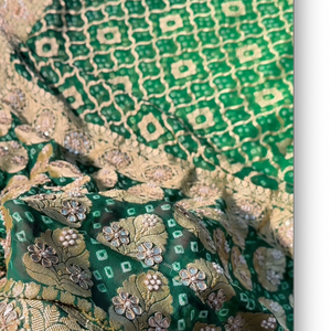 Green Pure Georgette Bandhej Unstitched Saree with Gota, Dabka & Dori Work