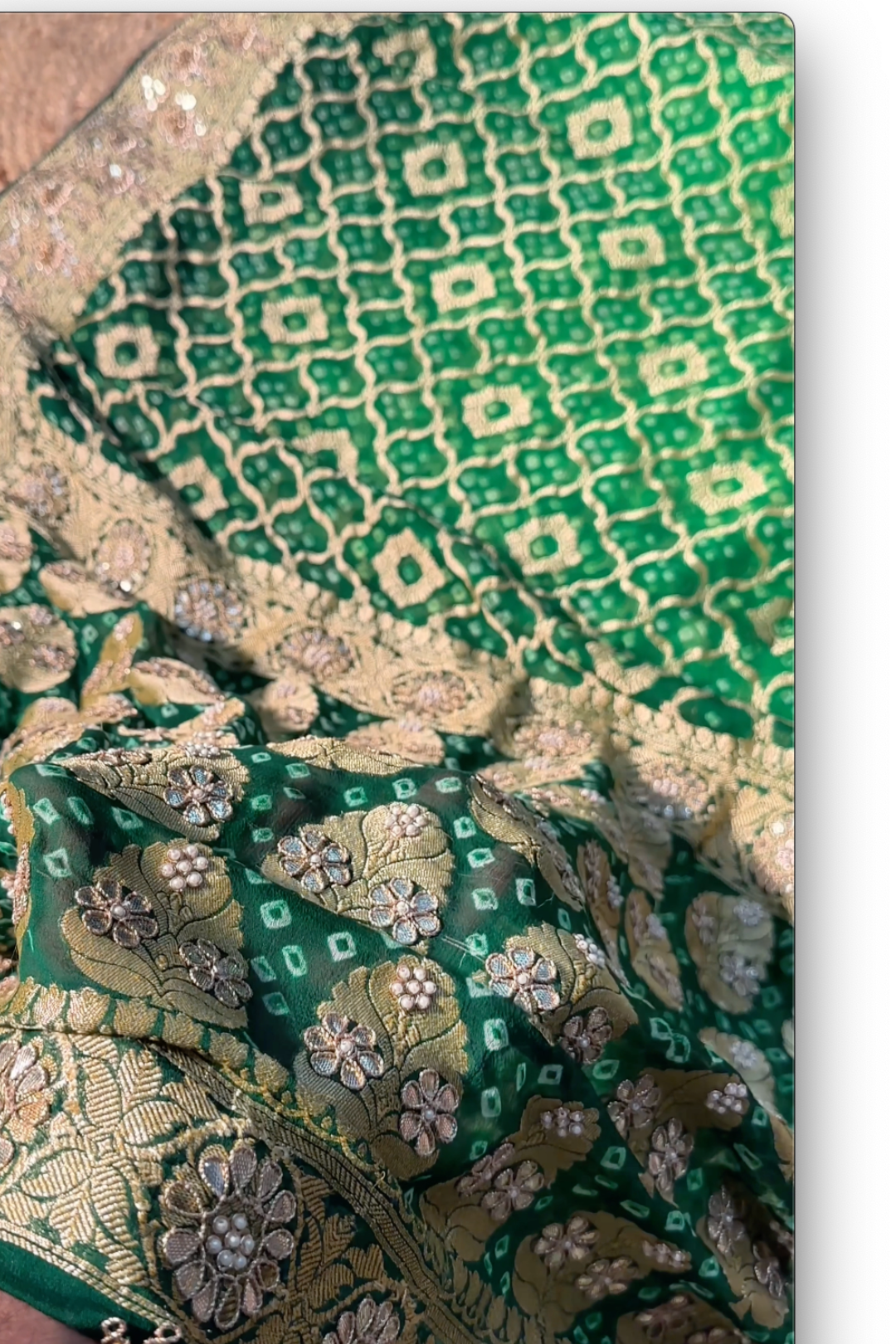 Green Pure Georgette Bandhej Unstitched Saree with Gota, Dabka & Dori Work