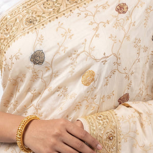 Ivory Silk Unstitched Saree Embellished With Sequins, Cutdana, Zarkan, Dabka & Stone Work