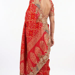 Red Silk Saree Embellished With Sequins, Zari & Cut Dana Work