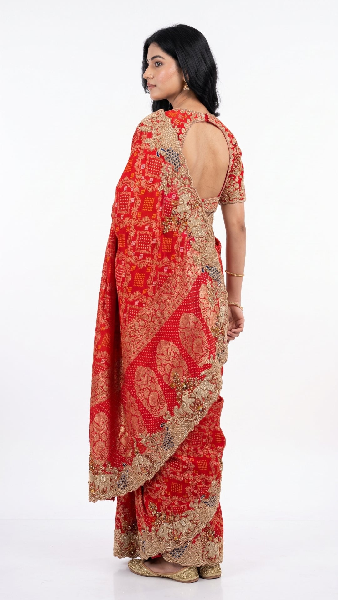 Red Silk Saree Embellished With Sequins, Zari & Cut Dana Work