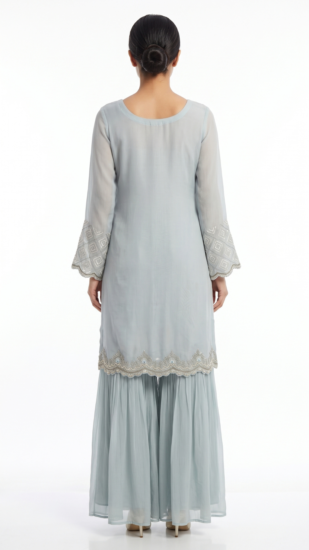 Ice Blue Chinon fabric moti cutdana & thread work sequins