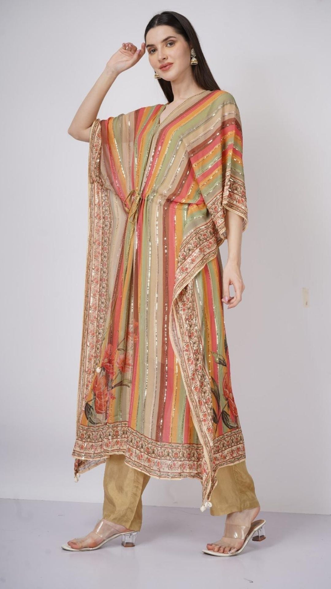 Multicolor Beige Georgette Kaaftan with Mirror and Sequins Work