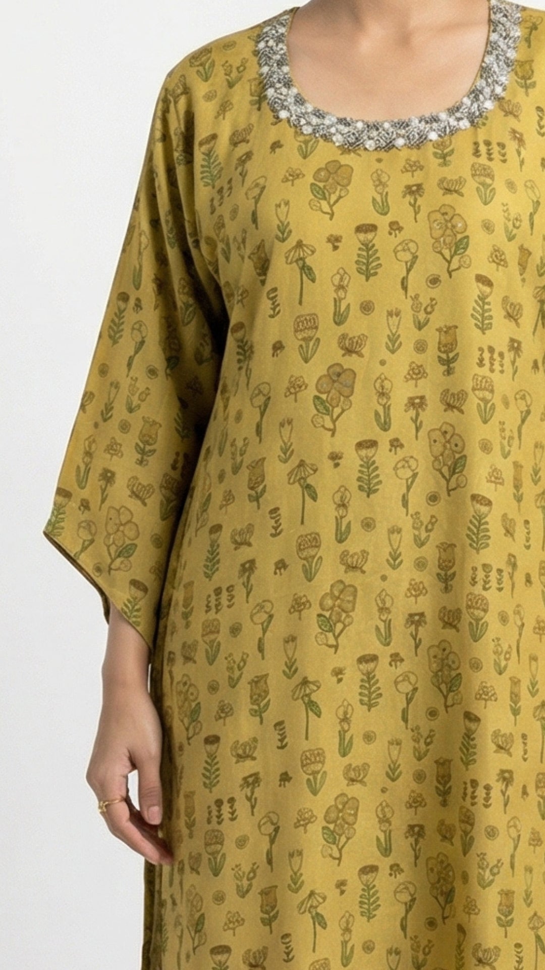 Lemon Yellow Muslin Coord Set with Sequins, Mirror, Bead & Digital Print Detailing