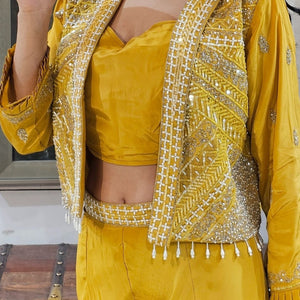Yellow Crepe Indowestern 3 Piece with Cutdana and Pearl Work