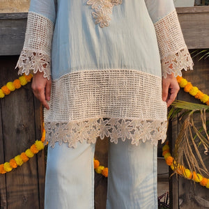 Mulmul Cotton Indo-Western in Sky Blue with Lace Work