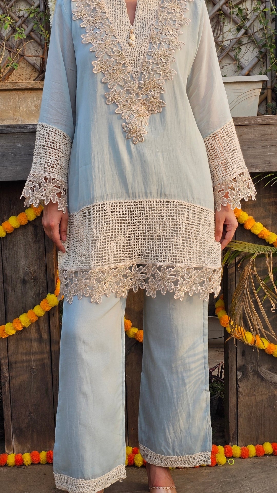 Mulmul Cotton Indo-Western in Sky Blue with Lace Work