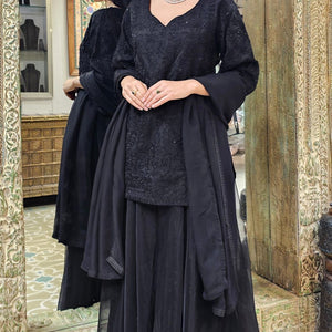 Black Organza Indowestern Top,Bottom and Dupatta with Cutdana and Dori Work