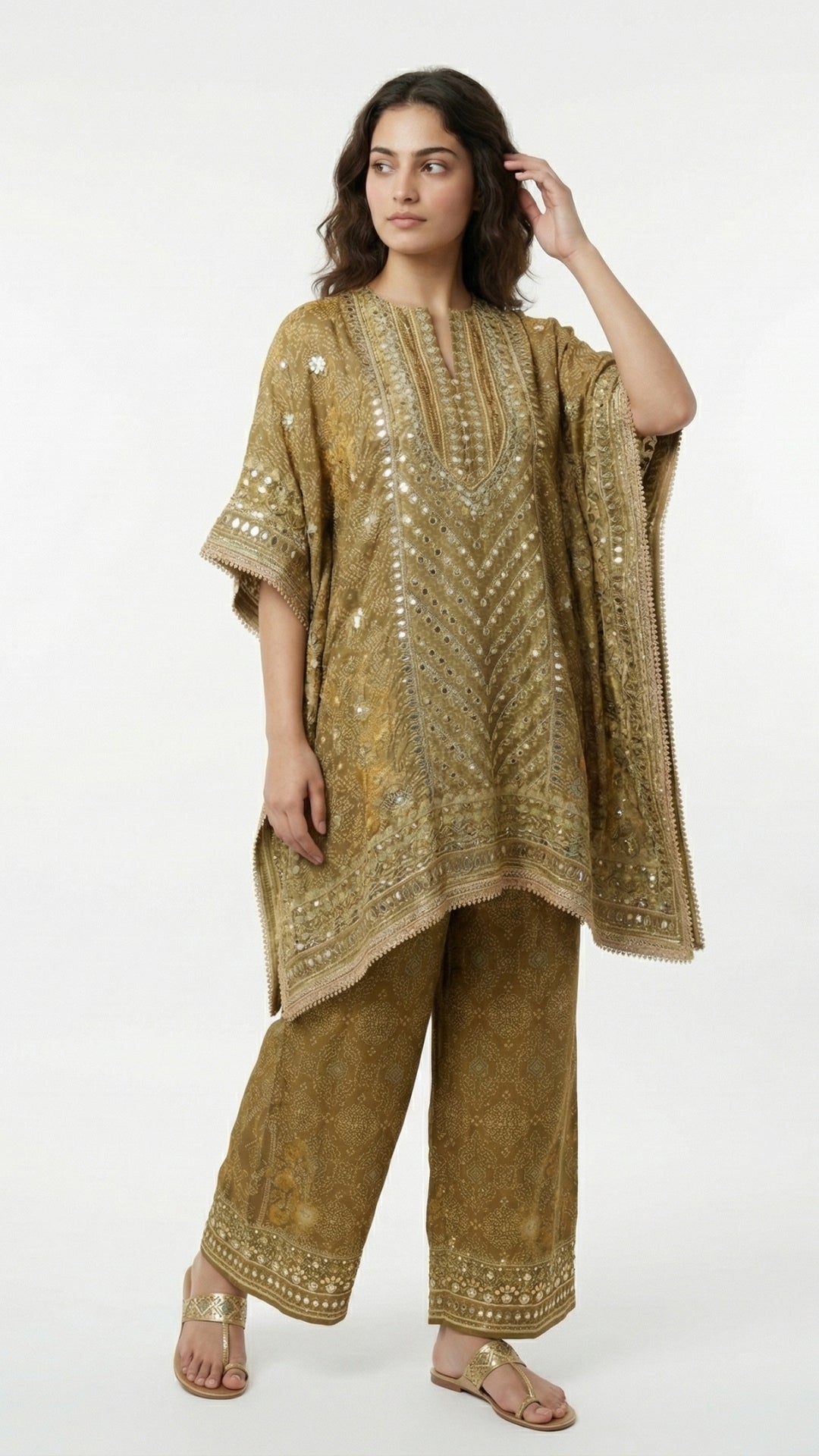 Antique Gold Tissue Kaftan Coord Set with Gota Patti, Digital Print & Sequin Detailing