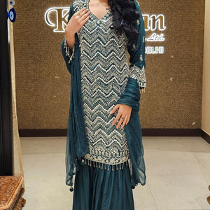 Peacock Green Crepe Indowestern Top,Bottom and Dupatta with Sequins and Cutdana Work