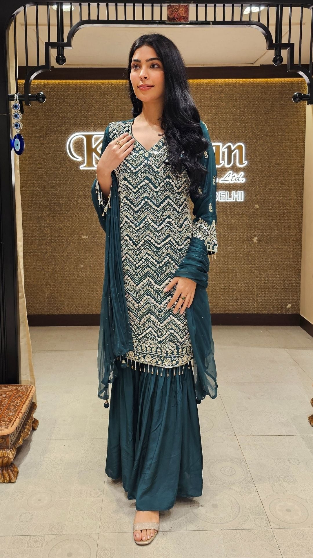 Peacock Green Crepe Indowestern Top,Bottom and Dupatta with Sequins and Cutdana Work