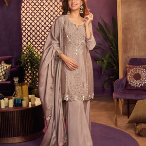 Ash Beige Chinon Suit, Sharara And Dupatta with Zari, Cutdana, Sequins and Mirror Work