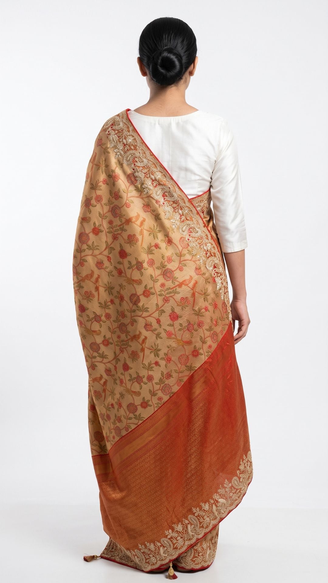 Rust Tissue Banarasi Unstitched Saree with Sequins & Cut Dana Work