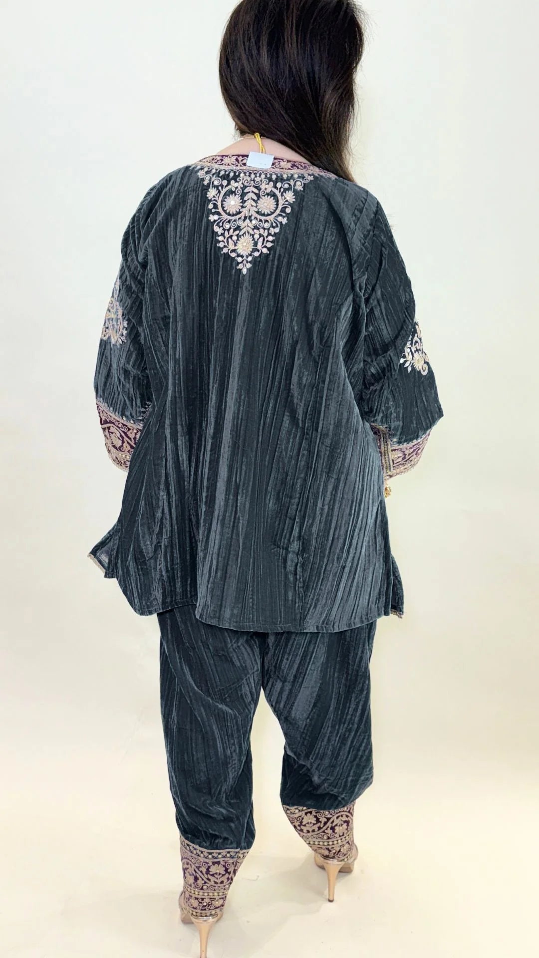 Charcoal Wrinkled Velvet Embroidered Top with Salwar
