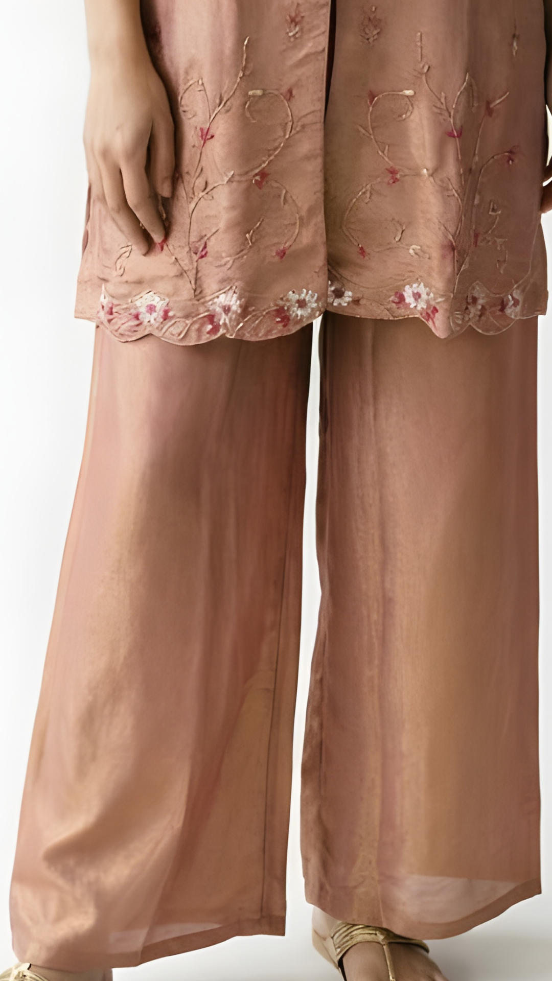 Brown Tissue Fabric Coord Set with Dabka, Cutdana & Sequins Detailing