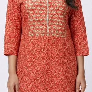 Red Muslin Block & Gold Print Suit with Dabka, Cutdana, Moti & Gota Patti Detailing