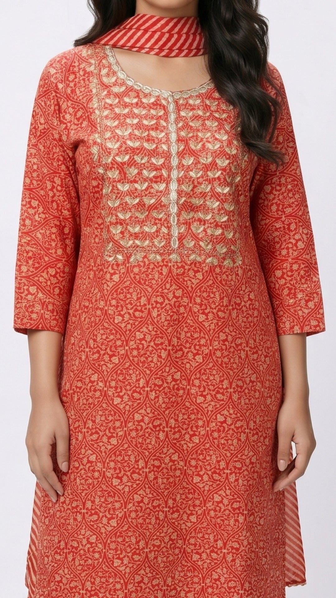 Red Muslin Block & Gold Print Suit with Dabka, Cutdana, Moti & Gota Patti Detailing