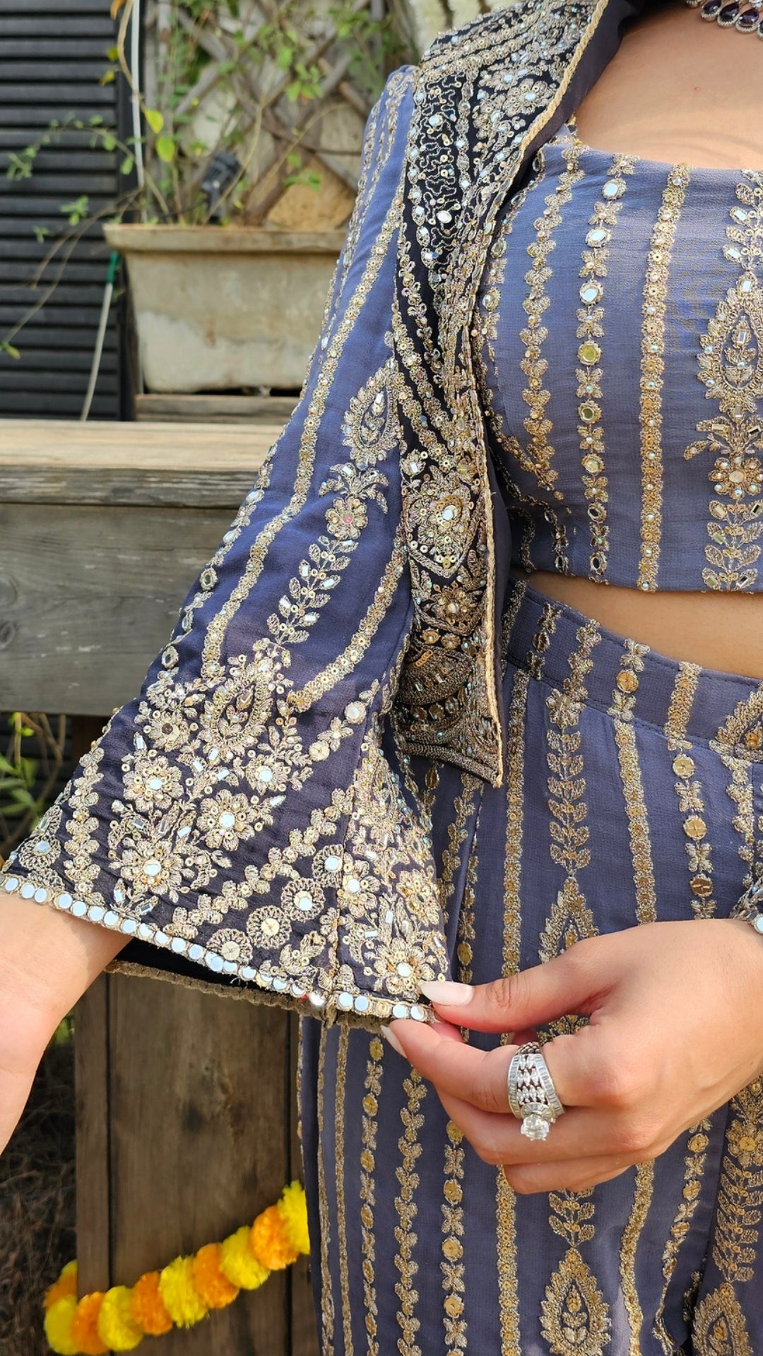 Navy Blue Georgette Indo-Western with Zari, Stone & Mirror Work
