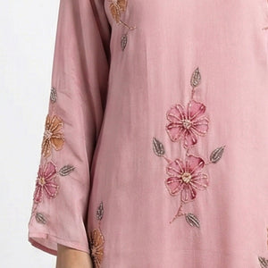 Pink Chinon Suit with Sequins, Hand Print, Cutdana & Stone Detailing