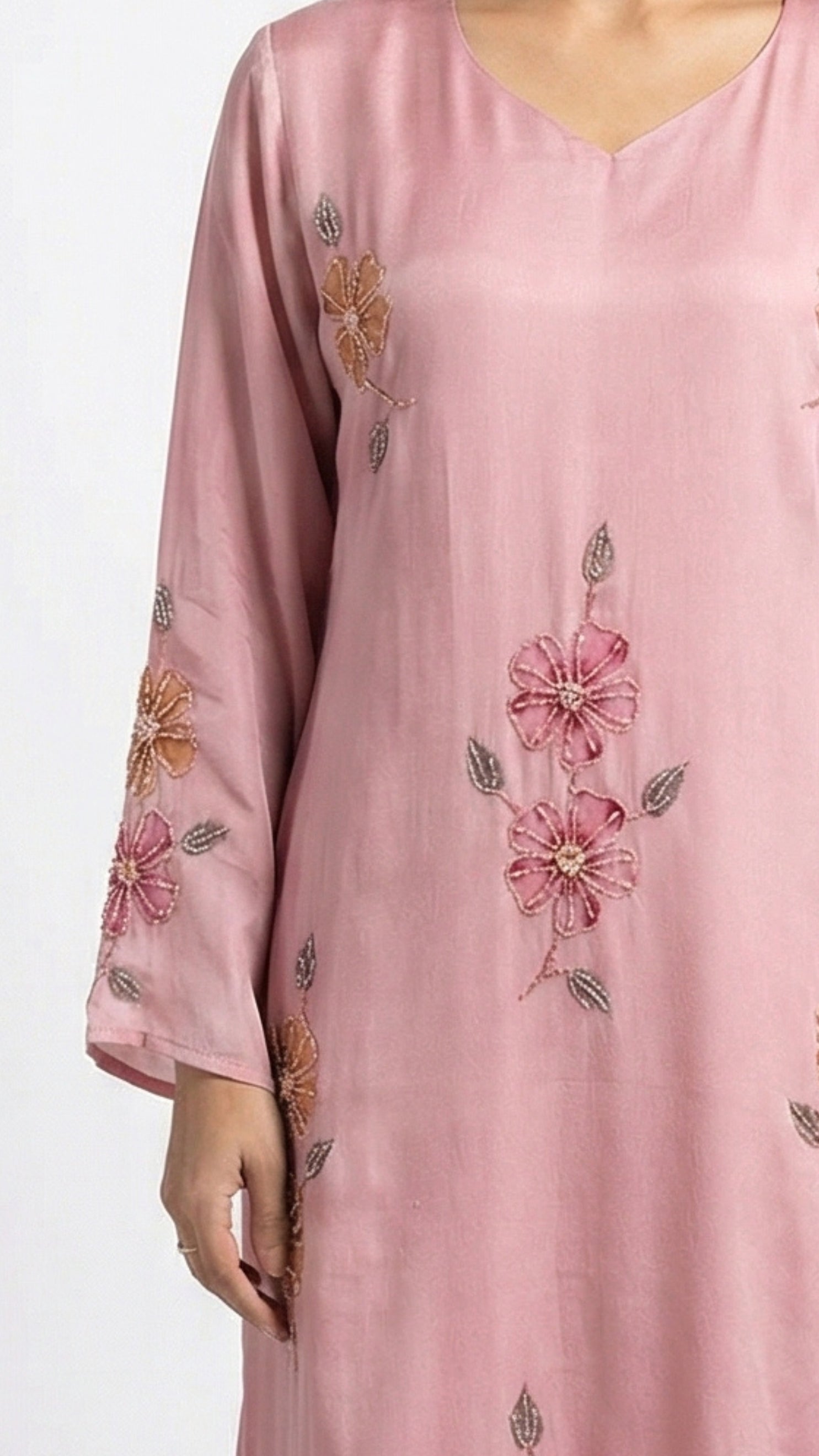 Pink Chinon Suit with Sequins, Hand Print, Cutdana & Stone Detailing