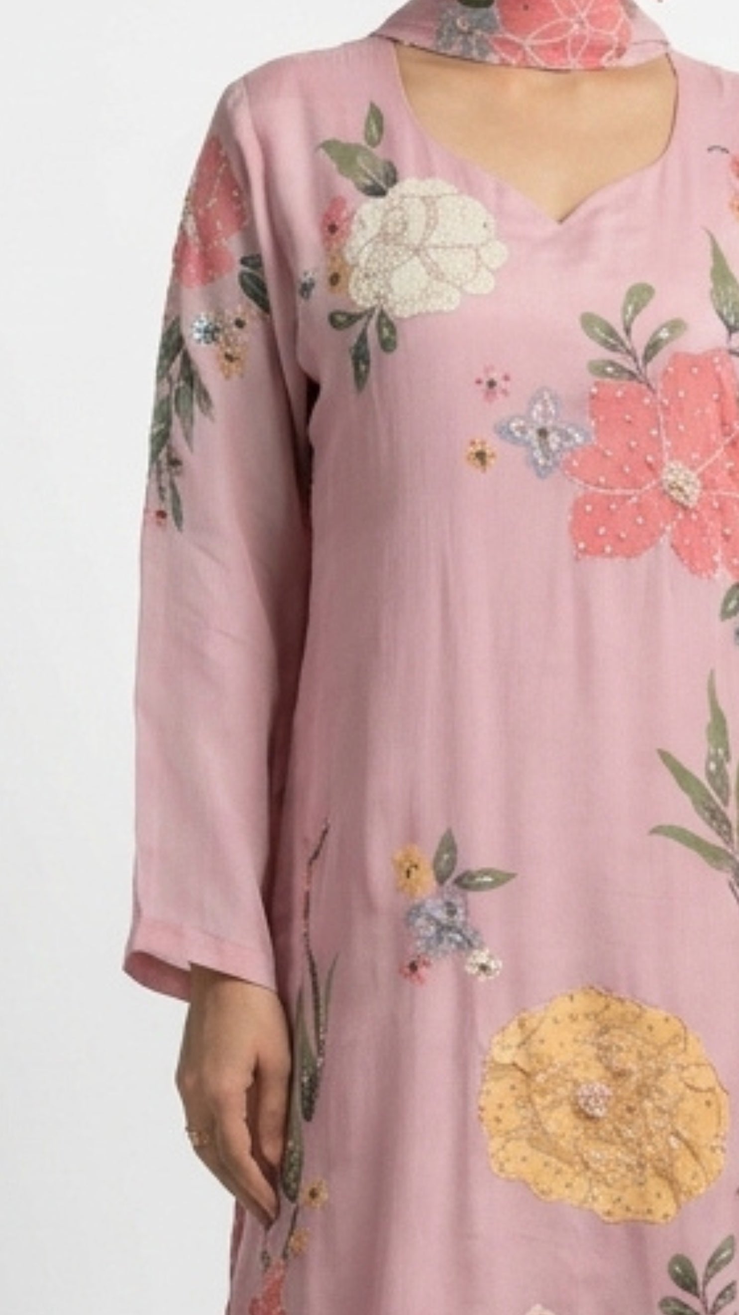 Printed Soft Organza Suit with Moti & Cutdana Detailing