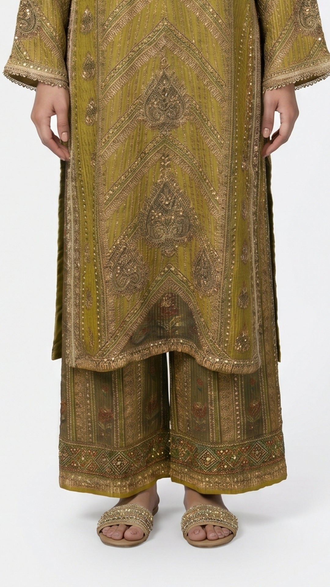 Green Tissue with Digital Print, Moti & Stone Work Indo Western