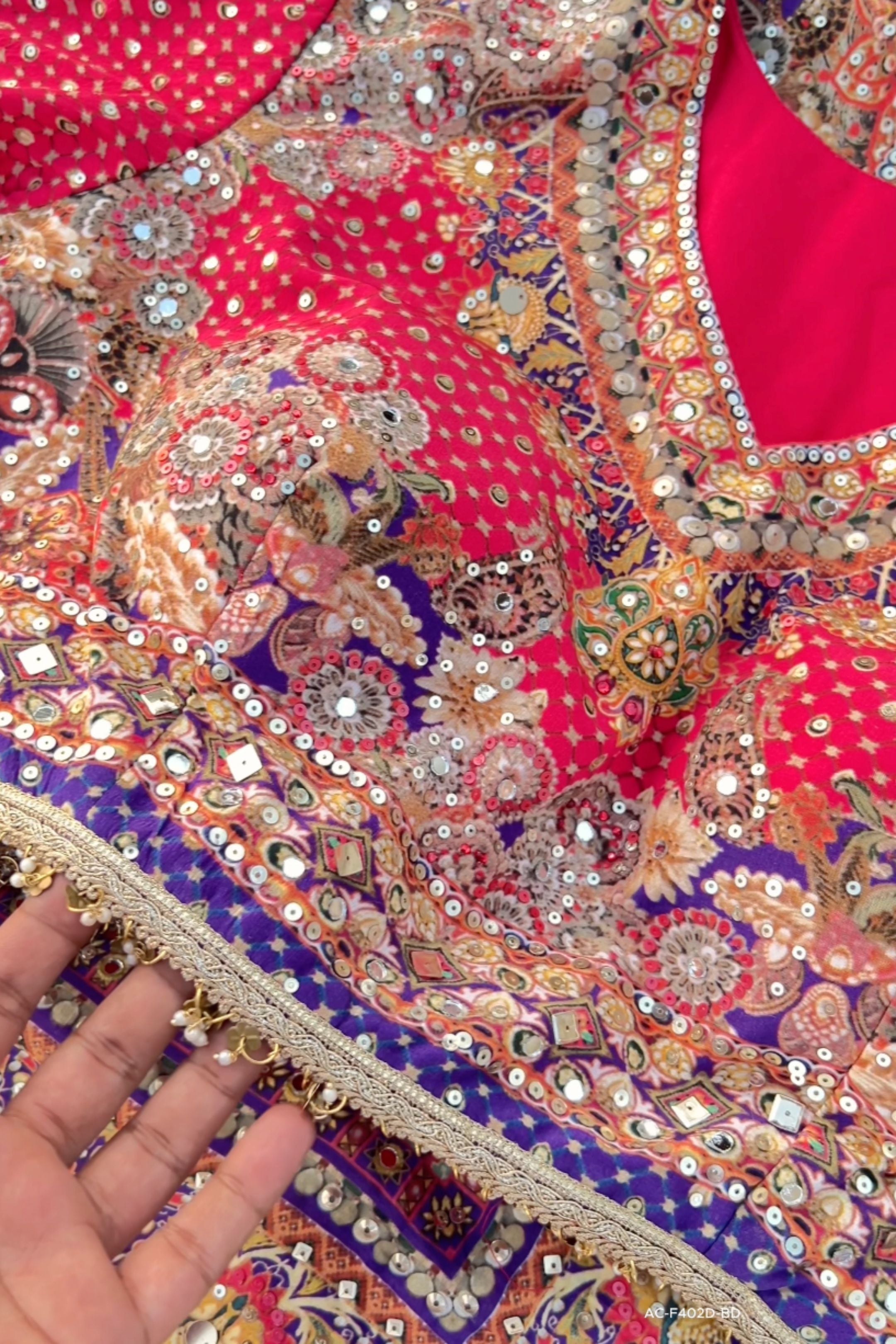 Rani Crepe Saree Embellished With Sequins & Mirror Work