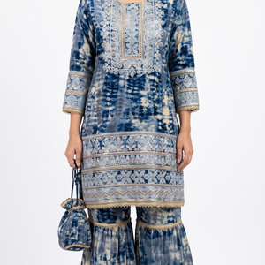 Blue  Muslin Zari and Thread Sequins