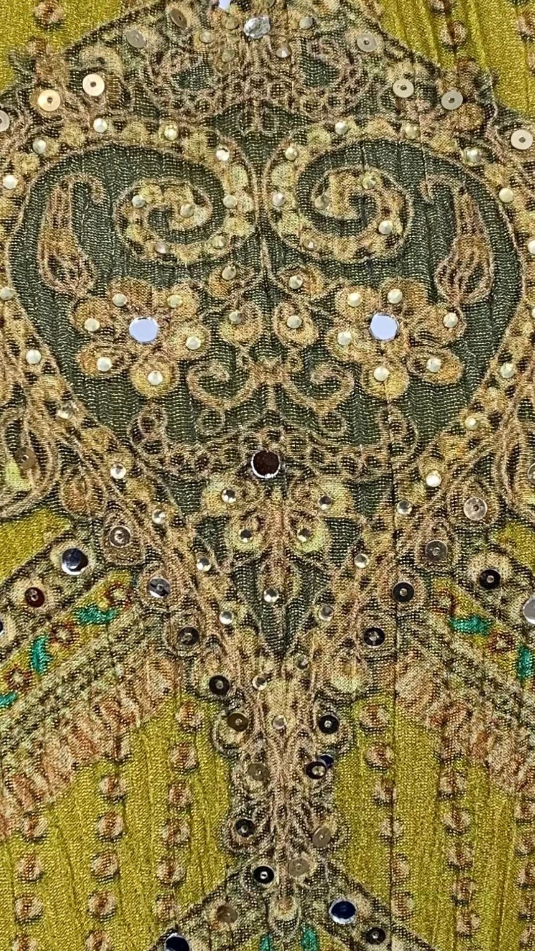 Mehandi Green Wrinkle Tissue Digital Printed Suit with Mirror Detailing and Palazzo