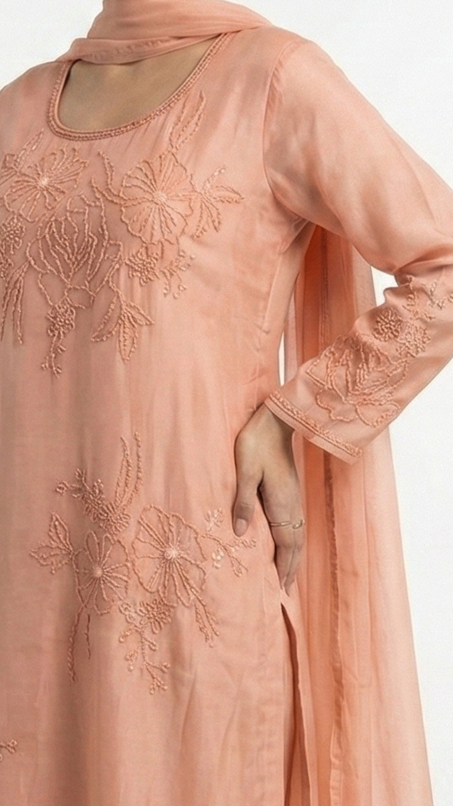 Dusty Peach Soft Organza Suit with Cutdana, Pearl & Moti Detailing