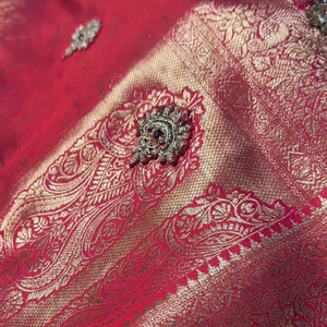 Rani Banarasi Silk Unstitched Saree with Dupatta Embellished with Thread & Stone Work