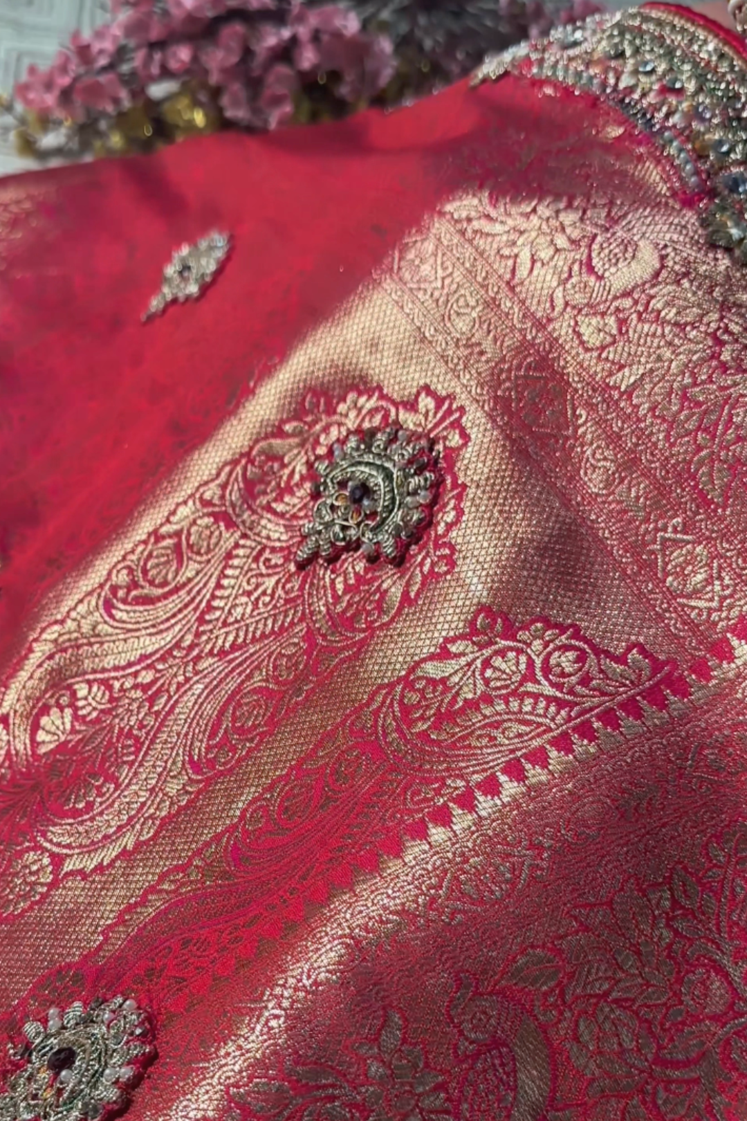 Rani Banarasi Silk Unstitched Saree with Dupatta Embellished with Thread & Stone Work