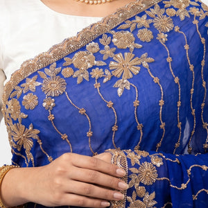 Blue Tissue Unstitched Saree Embellished With Sequins, Cutdana & Zari Work