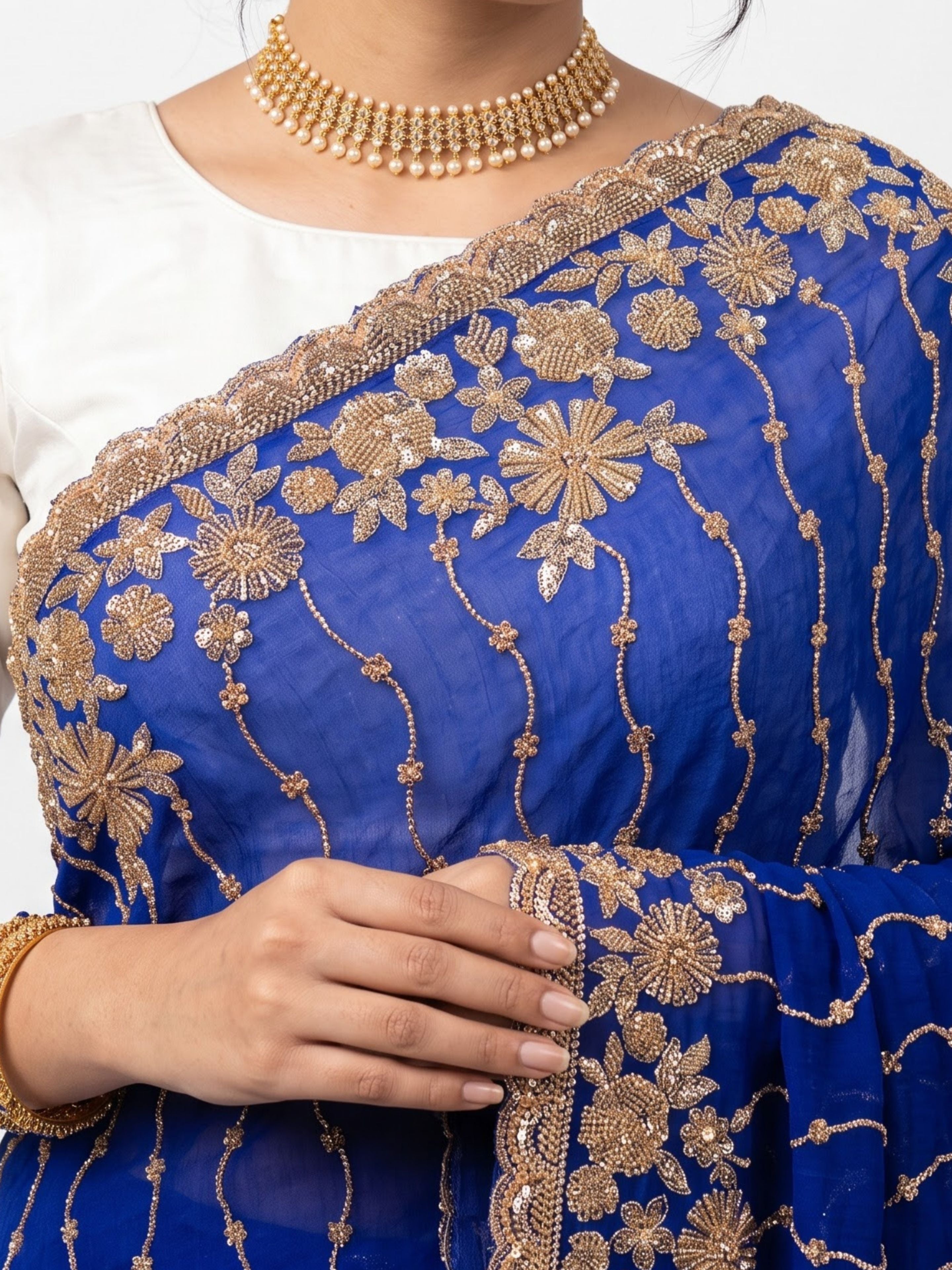 Blue Tissue Unstitched Saree Embellished With Sequins, Cutdana & Zari Work