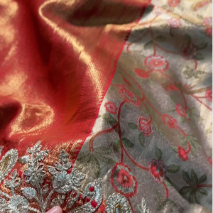 Rust Tissue Banarasi Unstitched Saree with Sequins & Cut Dana Work